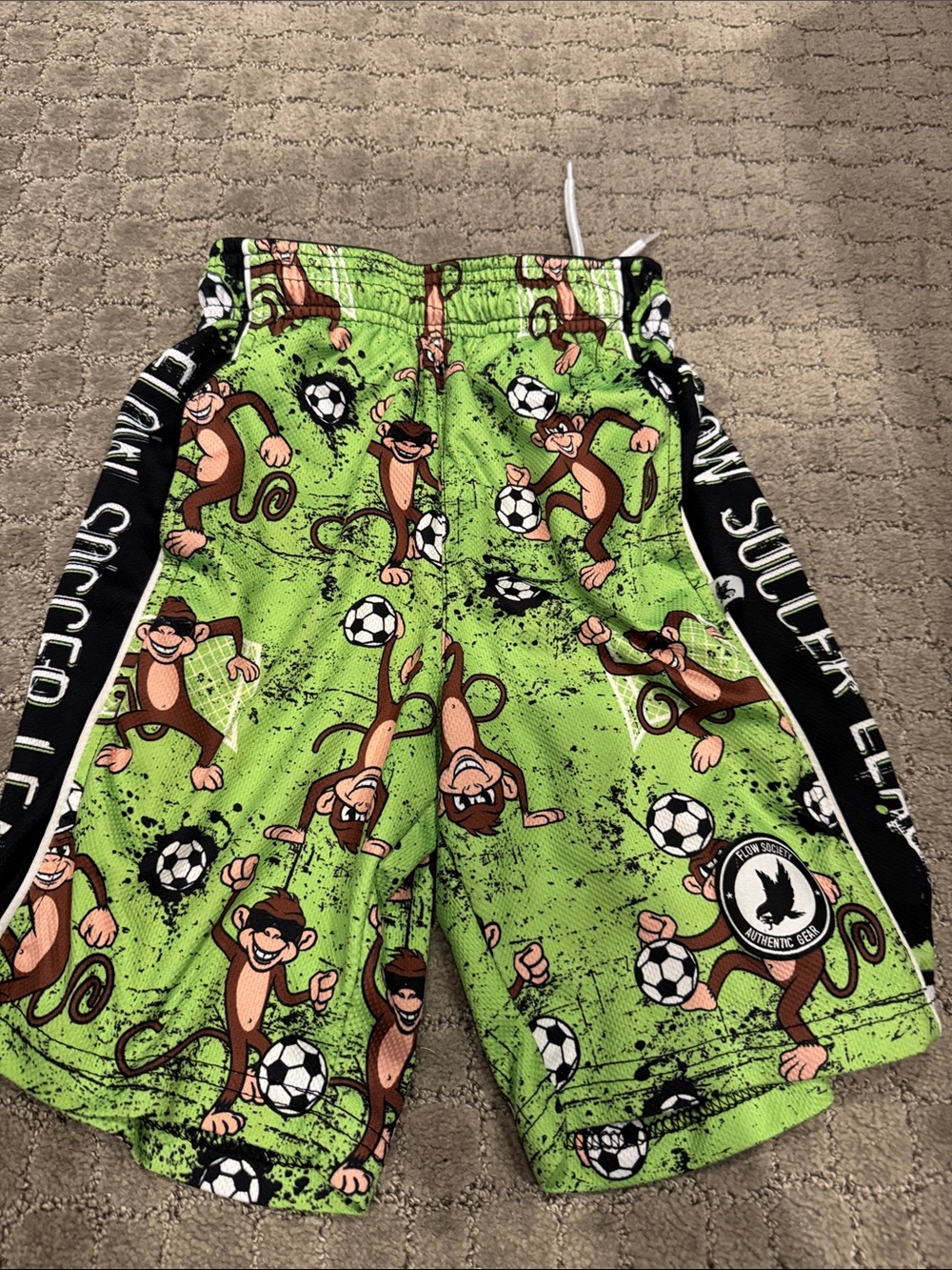 Green Monkey Soccer Print Kids Drawstring Shorts